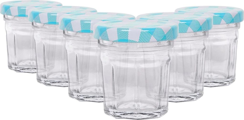 Argon Ta Marmeladengläser aus Glas mit blauen Gingham-Deckeln – 30 ml – 6 Stück