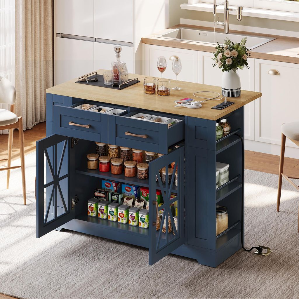 Flieks Servierwagen mit klappbarer Arbeitsplatte, Küchenwagen mit AC-Anschluss und USB-Anschluss, Küchenschrank mit Glastüren, Blau