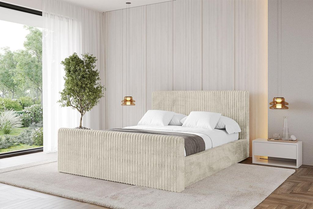 ALTDECOR Polsterbett mit Bettkasten - ALOVA-Z-v1 - 140x200 Cord - Creme - Bett mit Matratze H3/H4, Kopfteil und Fußteil, Boxbett, Doppelbett mit S...