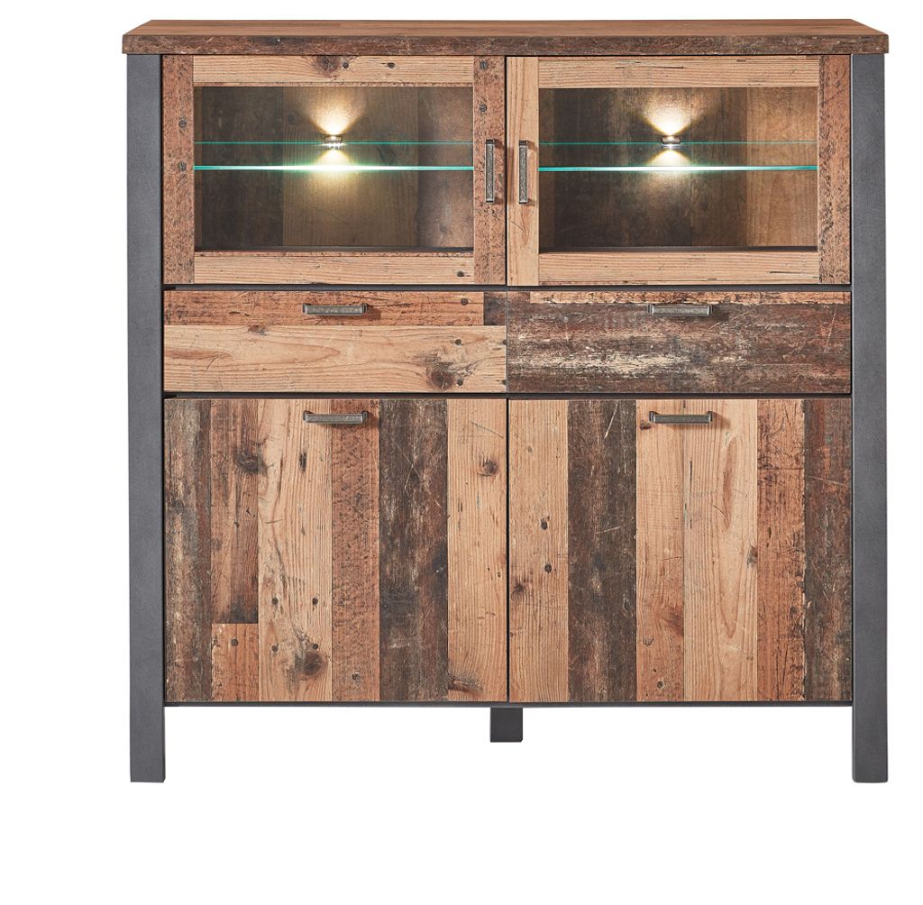 Innostyle Cardiff Highboard Used Style Optik Dark Holzwerkstoff/Glas inkl. LED Beleuchtung