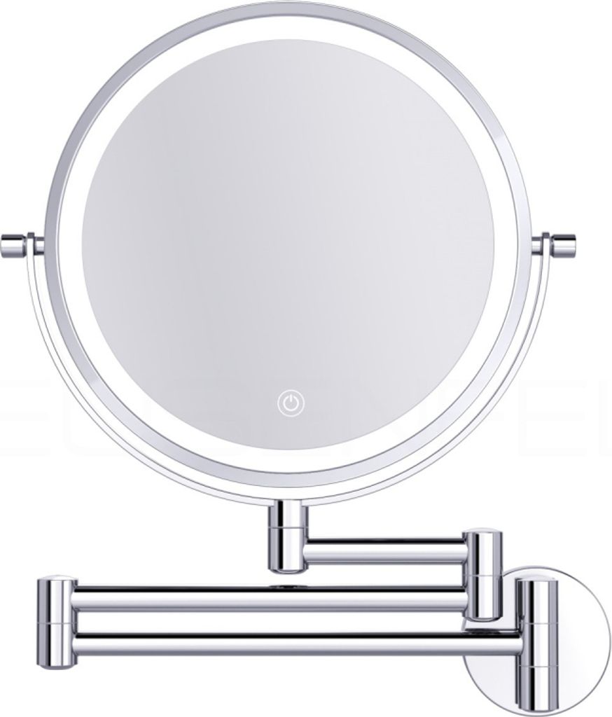 A wall-mounted makeup mirror with LED lighting and an extendable arm.
