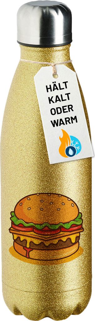 Huuraa Trinkflasche Burger Comic 500ml Gold Edelstahl Wasserflasche Trinkflasche Geschenkidee
