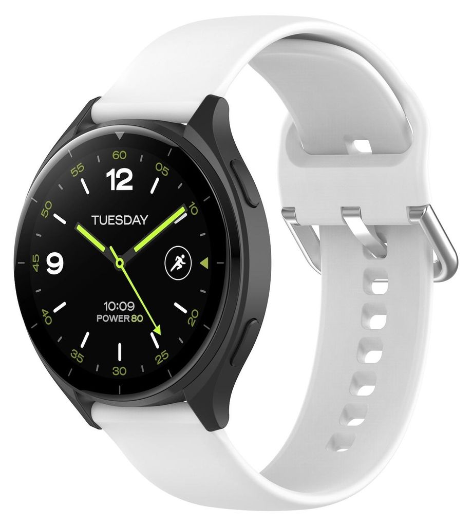 A white smartwatch with a black bezel and a white band is shown against a white background.
