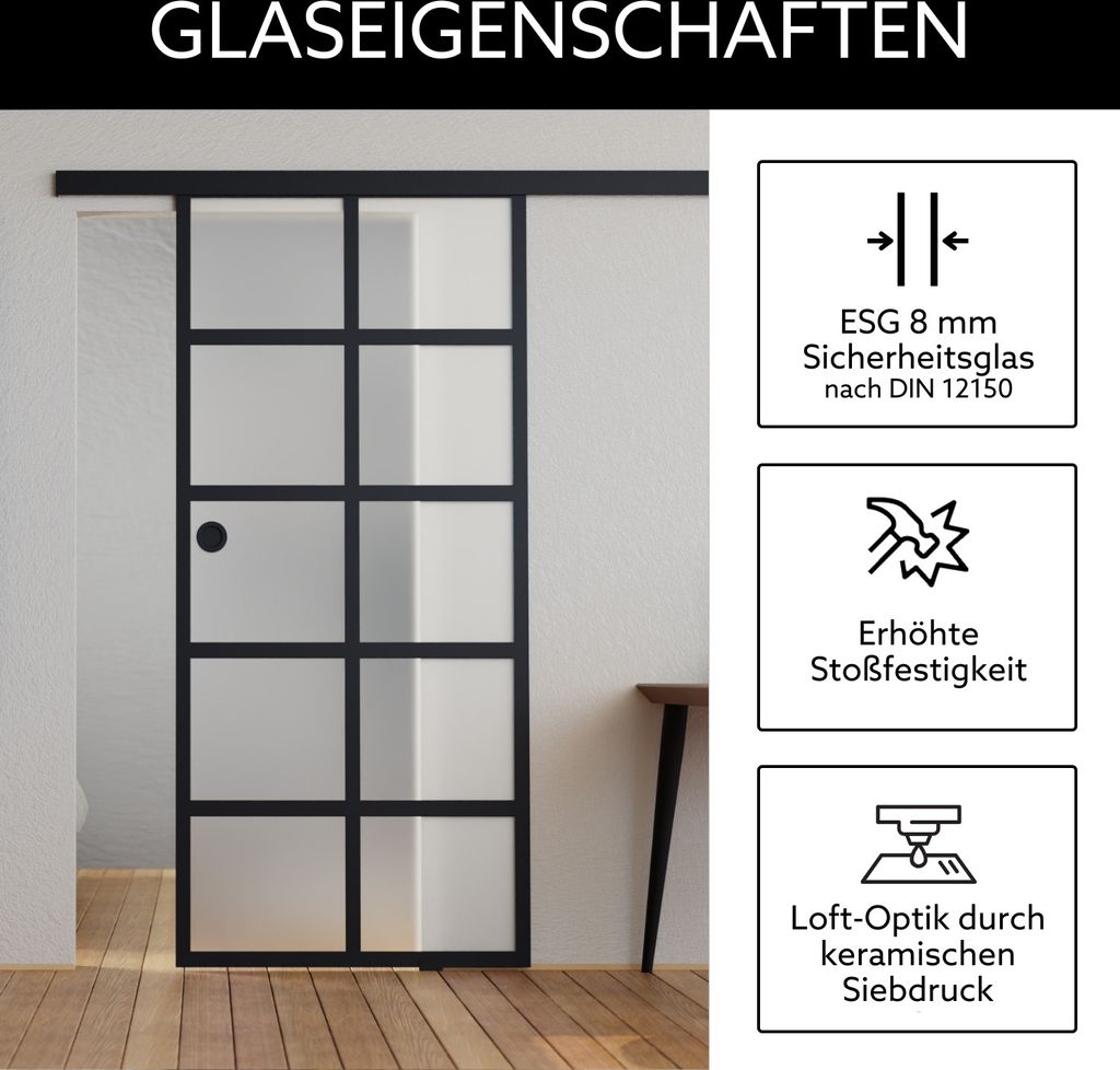 Loft Glasschiebetür Komplettset Milchglas 935x2058 inkl. Produktbild 6