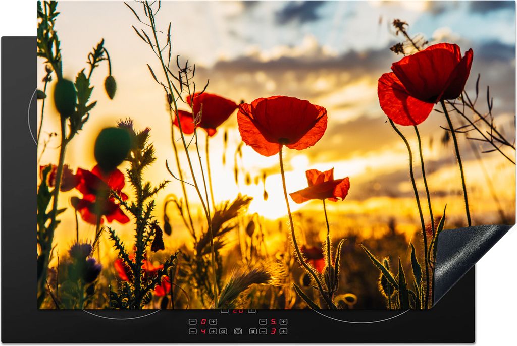 KitchenYeah Herdabdeckplatte Rote Mohnblumen bei Sonnenaufgang , 80x52cm, Küche Deko, Glaskeramikkochfeld Herdabdeckung, Abdeckplatte fùr Kochfeld