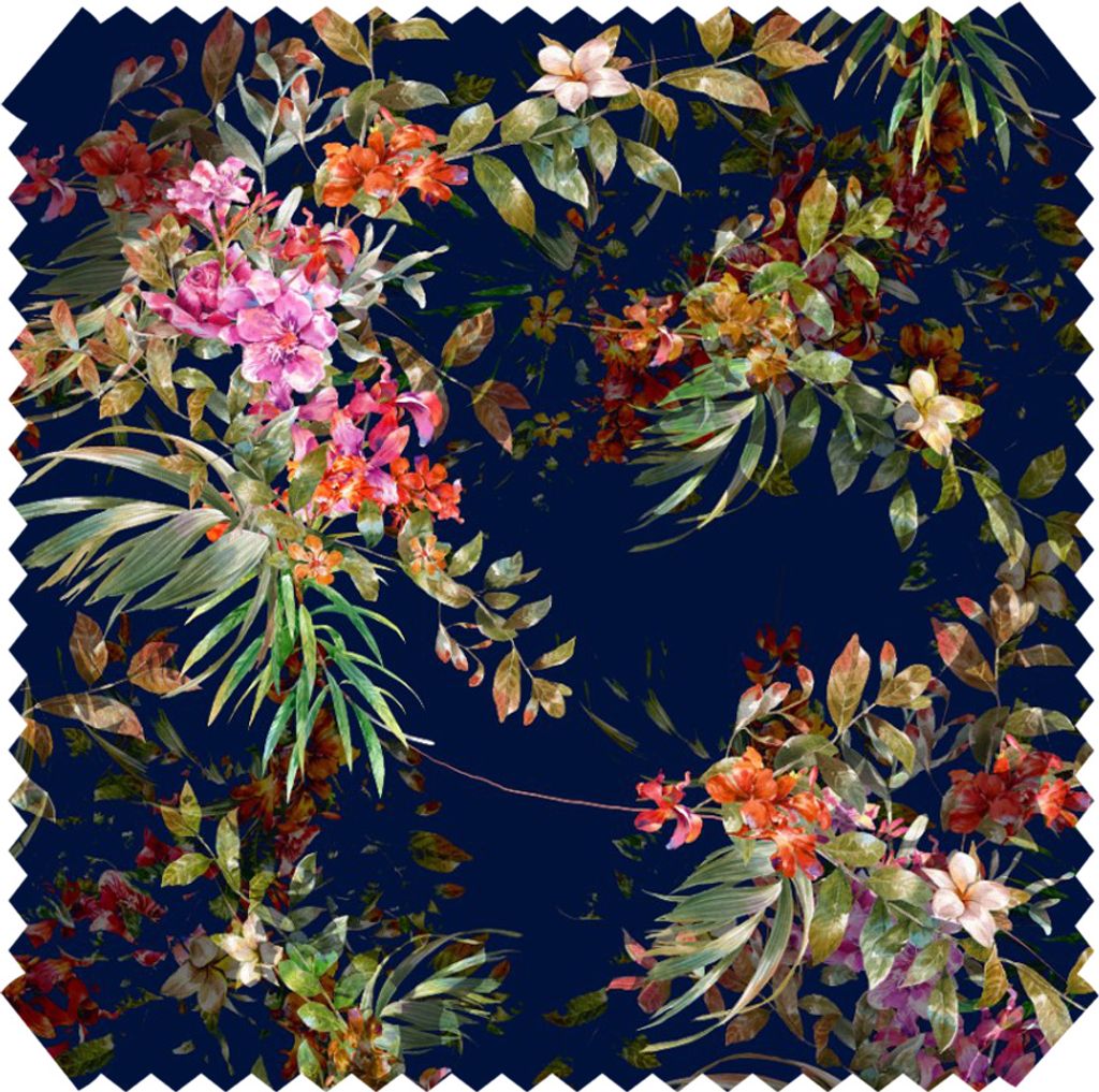 novely PAPAYA Velours mit Palmen und Blumen - Samtiger Möbelstoff - Robuster Polsterstoff - Pflegeleichte Meterware 1lfm - Farbe: 06 Tintenblau