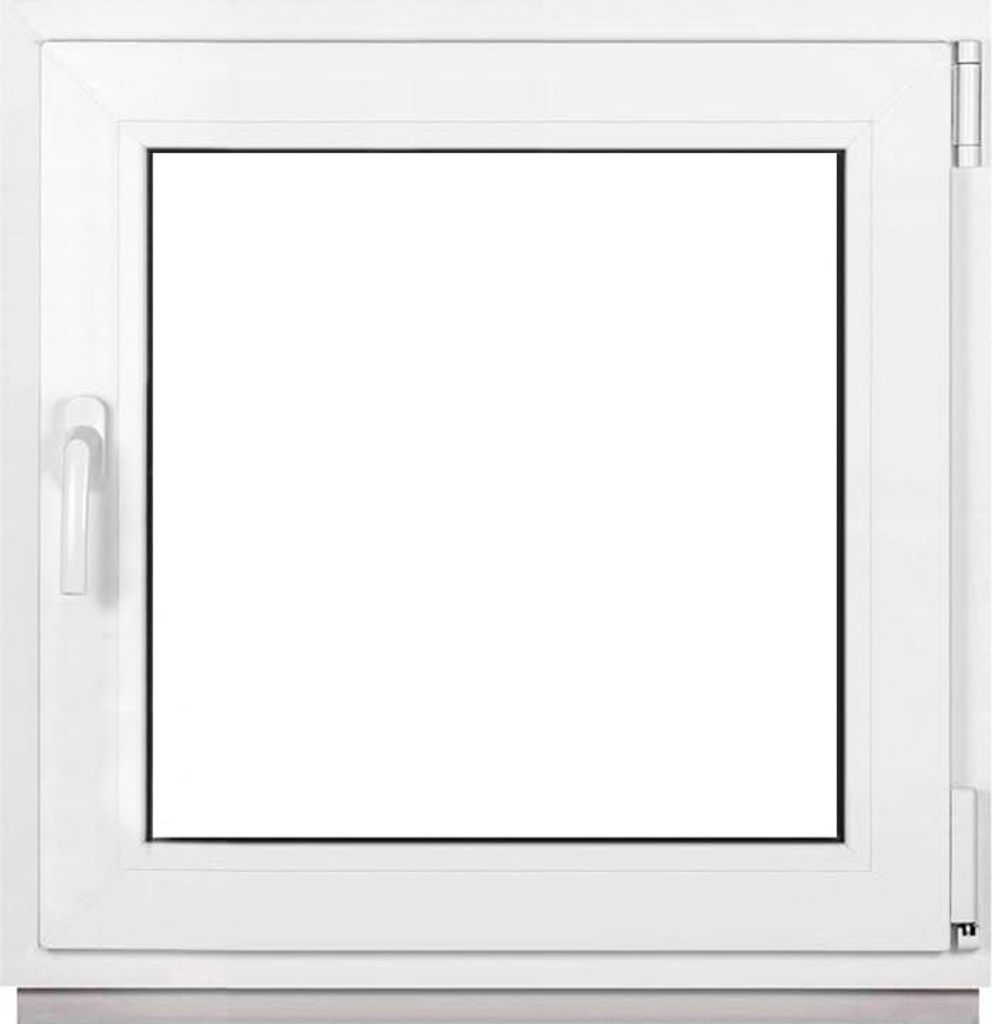 A white framed window with a clear glass pane, set against a white background.