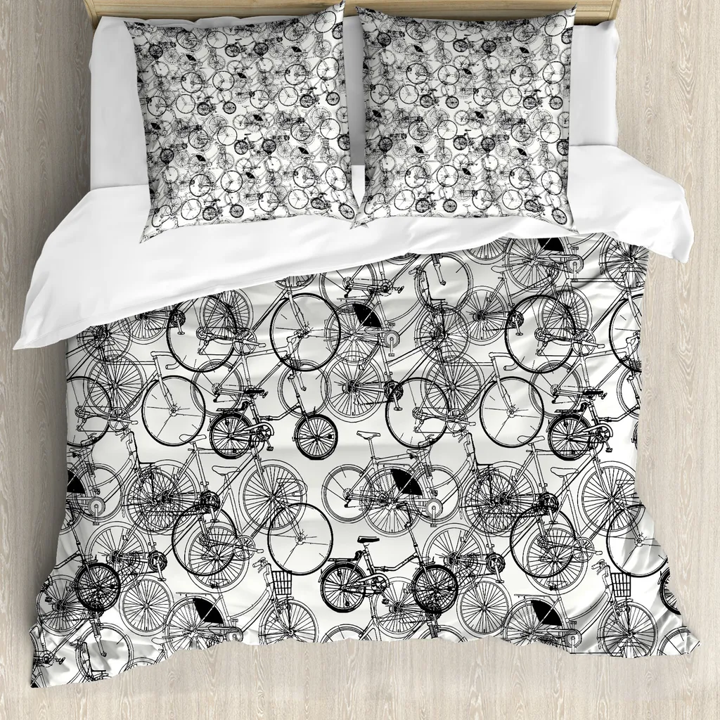 ABAKUHAUS Copripiumino con motivo a schizzi, bicicletta vintage retrò, antiacaro, adatto a chi soffre di allergie, con federe, 155 cm x 220 cm - 80 x 80 cm, bianco e nero