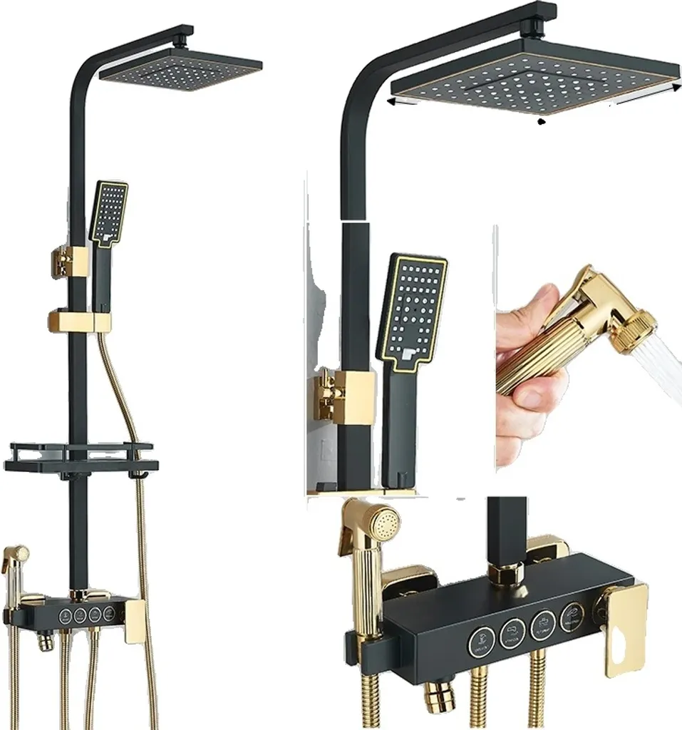 Système de douche 4 voies thermostatique noir or - Effet Pluie XL Carré