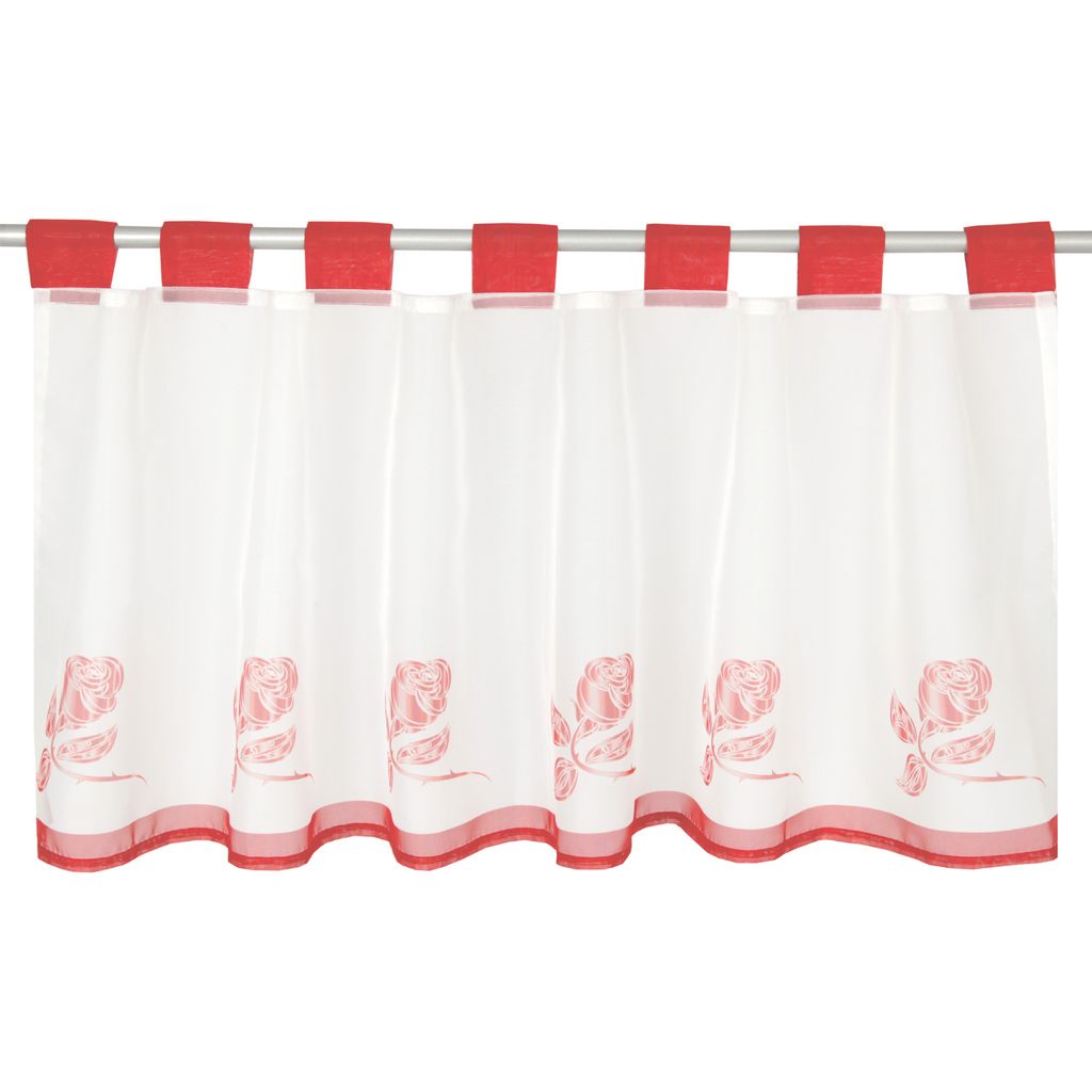 A white kitchen curtain with red tabs and a red border, decorated with pink rose motifs.