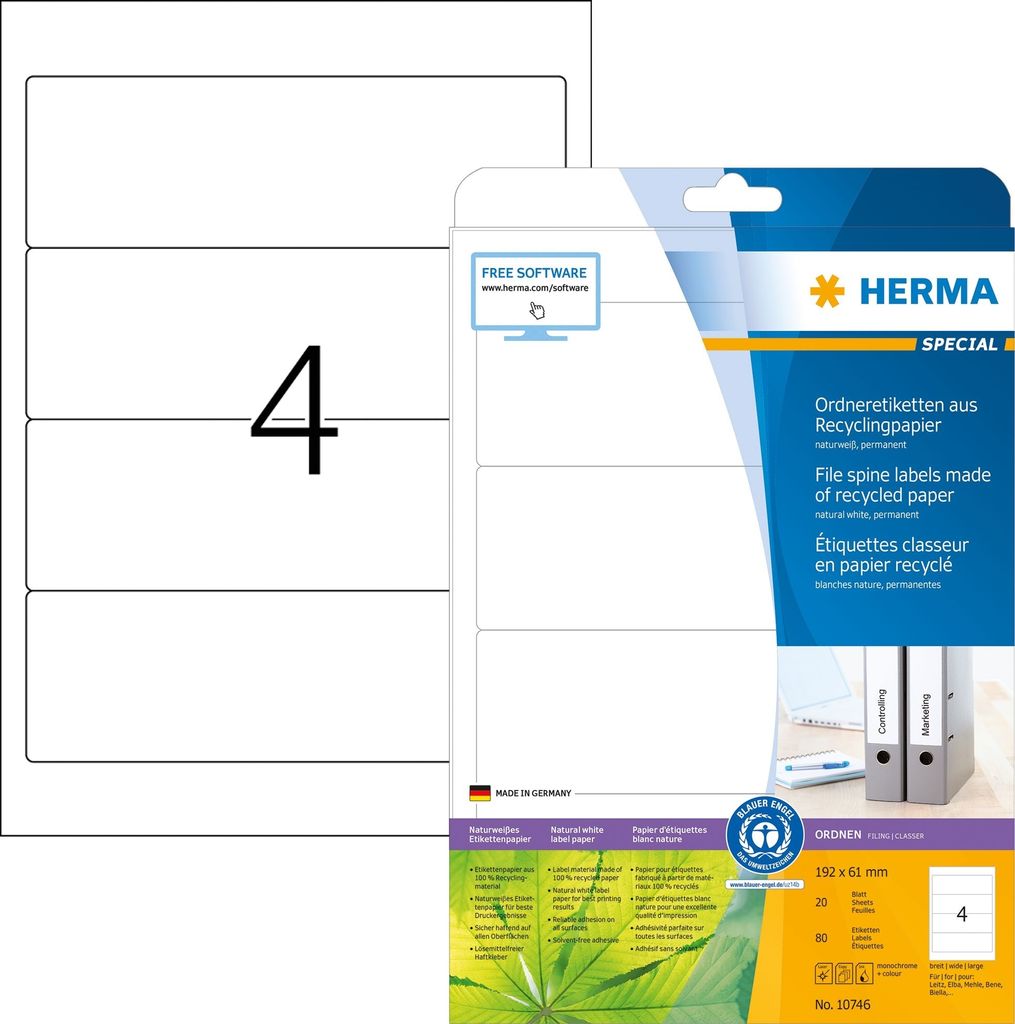 Ordneretiketten Recyclingpapier A4 192x61mm weiß VE=32x20 Blatt/80 Stück