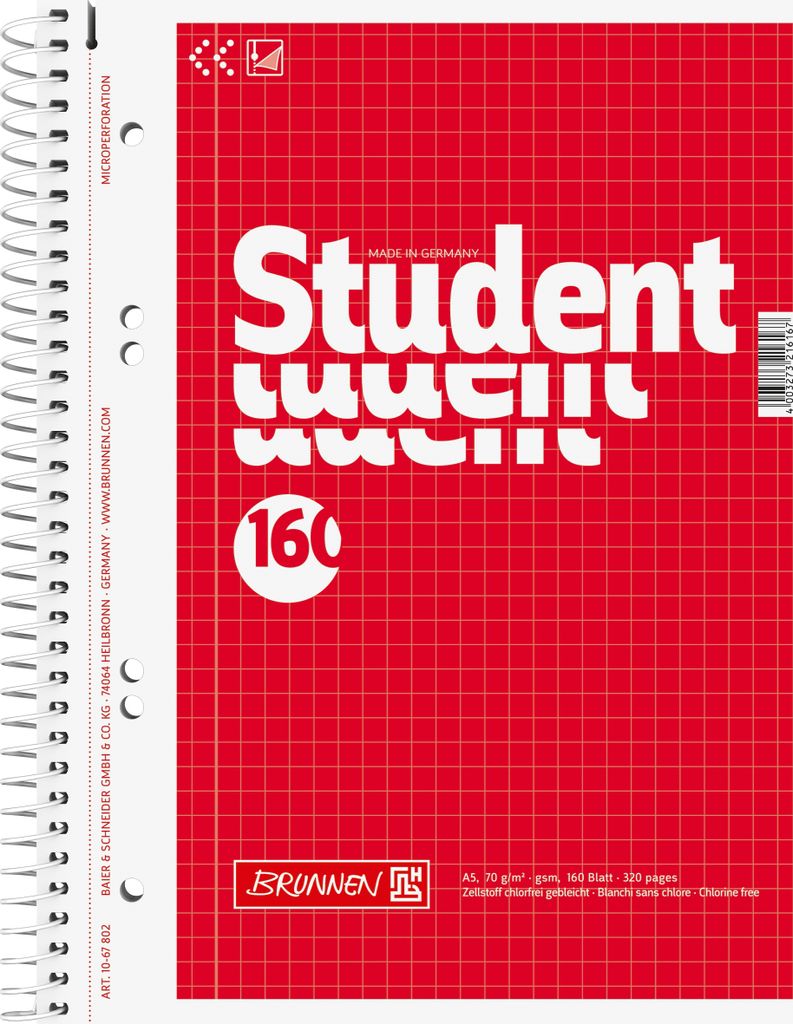 Kollegblock Student A5 70g/qm kariert 160 Blatt blau Packung mit 5 Stück