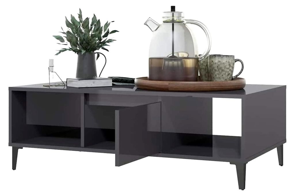 Couchtisch in Hochglanz-Grau 103,5x60x35 cm aus Holzwerkstoff mit Metallbeinen – praktisch für das Wohnzimmer, geeignet zur Aufbewahrung von Bü...