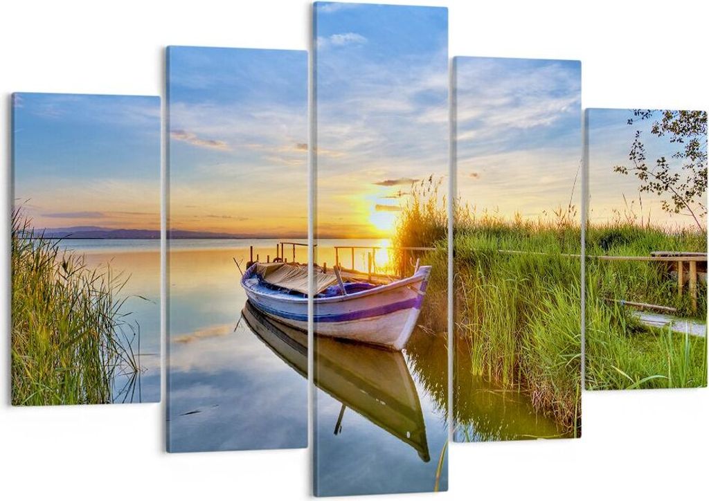 Bild auf Leinwand - Leinwandbild - See Boot Wasser - 150x100cm - Wand Bild - Wanddeko - Wandbilder - Leinwanddruck - Bilder - Kunstdruck - Wanddeko...