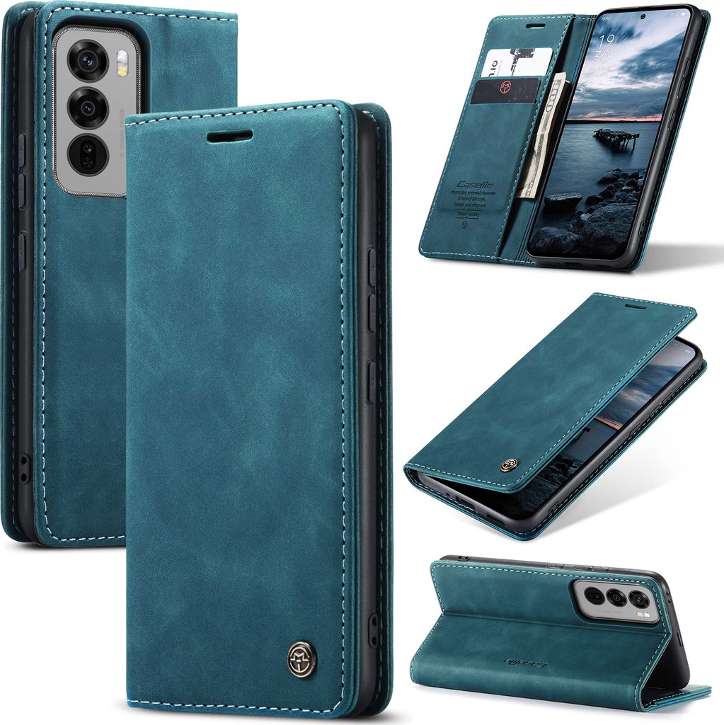 Hülle für Oppo Reno12 Pro Retro Kunstledertasche mit Standfunktion Schutzhülle Blau