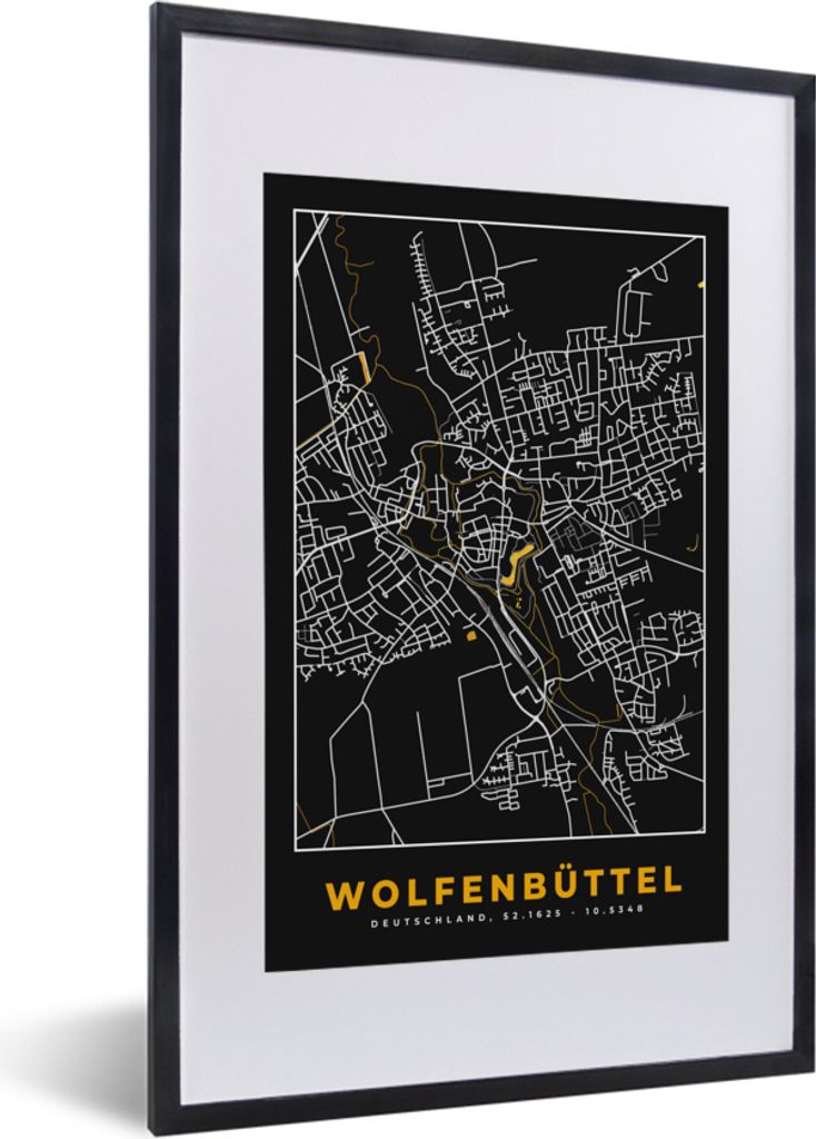 MuchoWow Gerahmtes Poster Deutschland - Schwarz und Gold - Wolfenbüttel - Stadtplan - Karte 40x60 cm - Poster mit Schwarzem Bilderrahmen Wandpos...