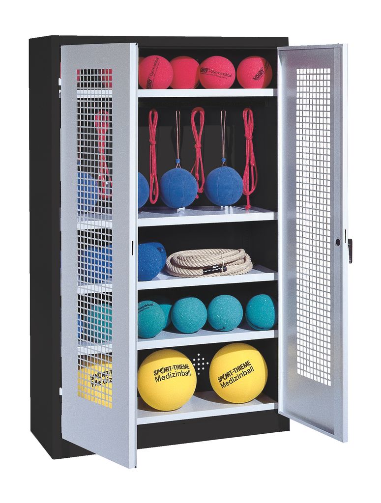 C+P Sportgeräteschrank mit Lochblech-Flügeltüren (Typ 2), HxBxT 195x120x50 cm, Lichtgrau (RAL 7035), Ergo-Lock Muldengriff, Anthrazit (RAL 7021)...