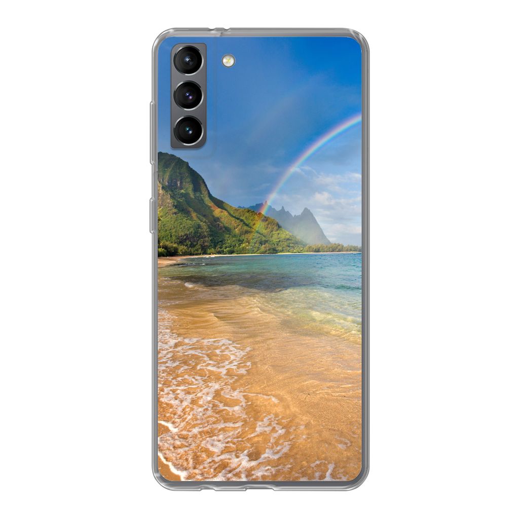 MuchoWow Handyhülle Schutzhülle Hülle für Samsung Galaxy S21 Plus Ein schöner Regenbogen am Tunnels Beach in Hawaii Silikon Softcase Handy H...