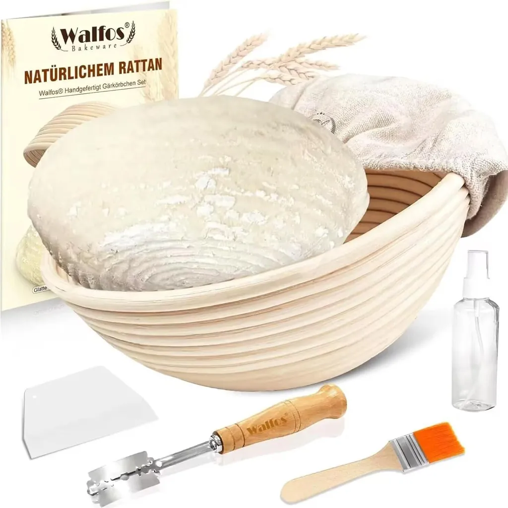 Cestino rotondo in rattan naturale da 25 cm per 1 kg di pasta con accessori