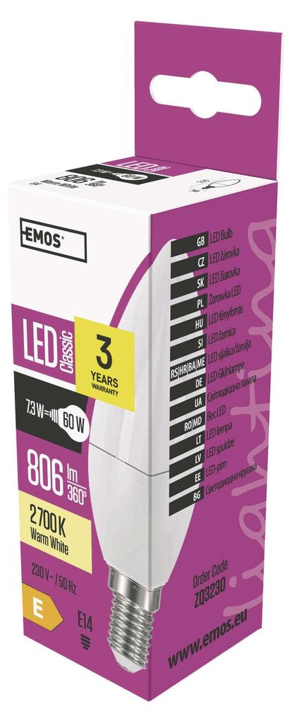 EMOS LED Lampe Classic Candle 7,3W, Ersatz für 60W Glühbirne, E14 Sockel, Helligkeit 806lm, Warmweiß 2700 Kelvin, ZQ3230