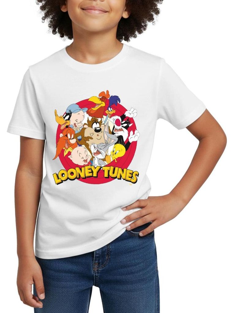 Spreadshirt Looney Tunes Bugs Bunny Logo Gruppenbild Kinder T-Shirt, 98/104 (3-4 Jahre), Weiß