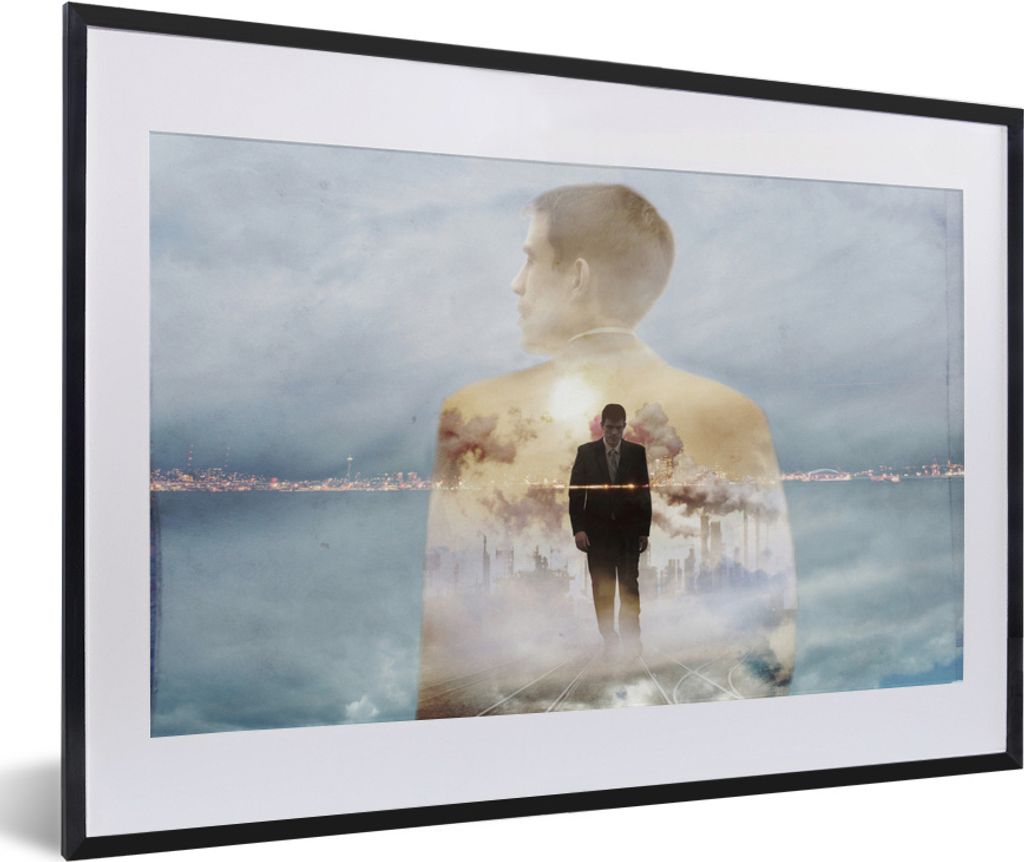MuchoWow MuchoWow Gerahmtes Poster Mehrfachbelichtung eines Geschäftsmannes und einer Skyline 60x40 cm - Poster mit zchwarzem Bilderrahmen - S...