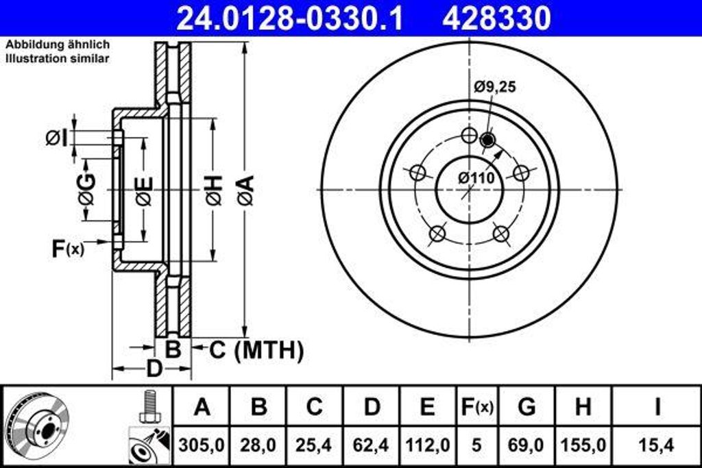 ATE 24.0128-0330.1 Bremsscheibe OE A0004212512 kompatibel mit C-Klasse, E-Klasse