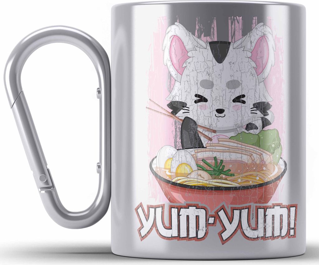 Trendation - Anime Edelstahl Tasse Karabiner Geschenk Spruch Karabiner Edelstahl Tasse Karabiner Edelstahl Geschenke Deko Anme Fan Yum Yum (Silber)