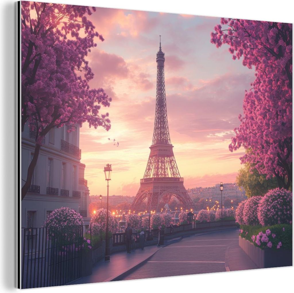 MuchoWow Wanddekoration Metall Metallbild Wandkunst 40x30 cm Eiffelturm - Paris - Rosa MuchoWow Aluminium Gemälde - Dekoration Wohnzimmer