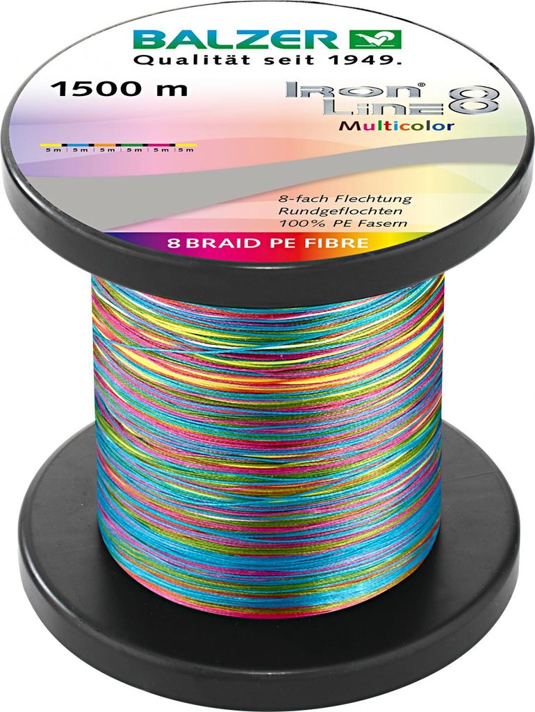 Balzer Iron Line 8 multicolor - 1500m geflochtene Schnur zum Spinnfischen, Durchmesser/Tragkraft:0.25mm / 20.3kg / Farbwechsel alle 10m