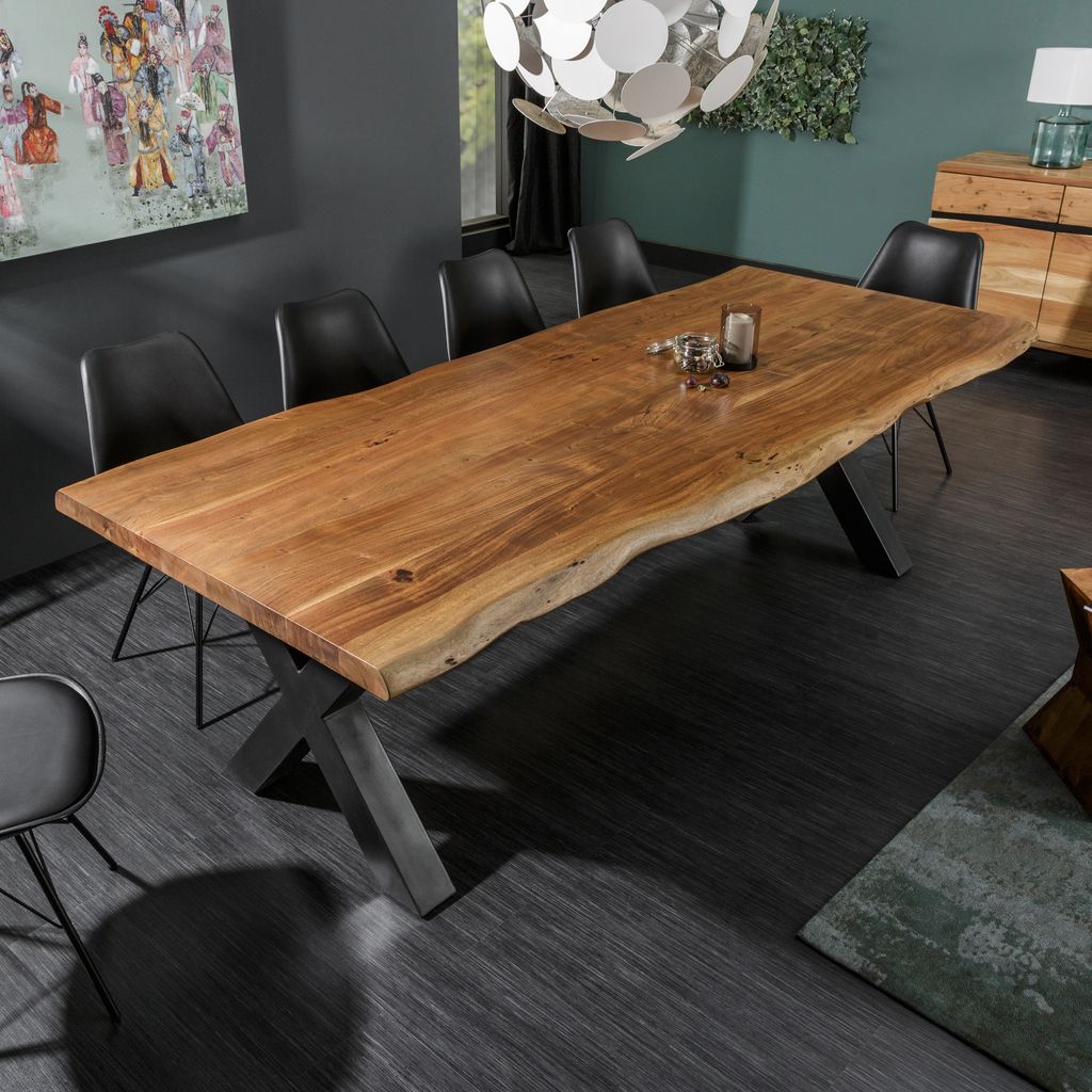 riess-ambiente Massivholz Esstisch MAMMUT NATURE 200cm Akazie X-Gestell anthrazit Baumkante 6cm Tischplatte Esszimmertisch Tisch Konferenztisch