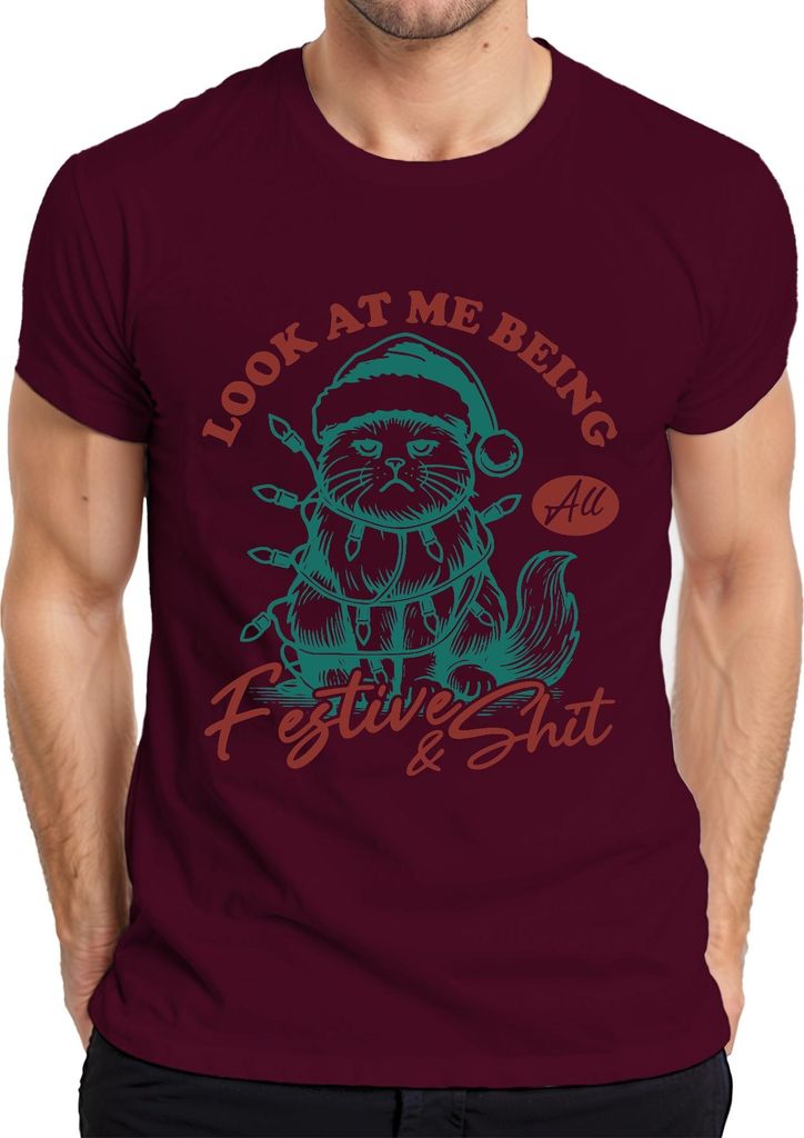 Look At Me Being All Festive And Shit Grumpy Cat Weihnachten Herren T-Shirt, Burgundy, S