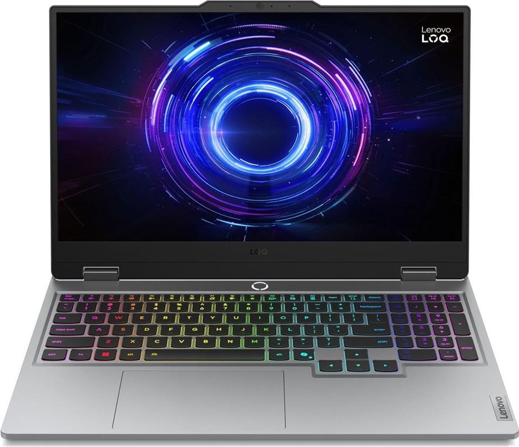 A Lenovo LOQ gaming laptop is shown from the front, open with the screen displaying a colorful graphic. The keyboard is illuminated with RGB lighting.