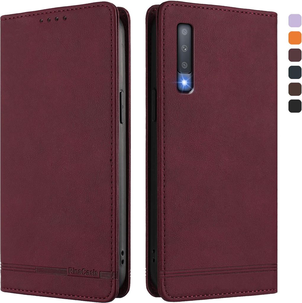 Hülle für Samsung Galaxy A7 2018, Retro Kunstleder Ständer Klapphülle mit Kartenfächer und Magnetische Rot
