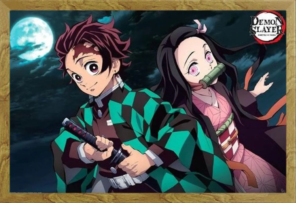 Quadro Demon Slayer Tanjiro e Nezuko Cornice Legno Rovere 61x91,5