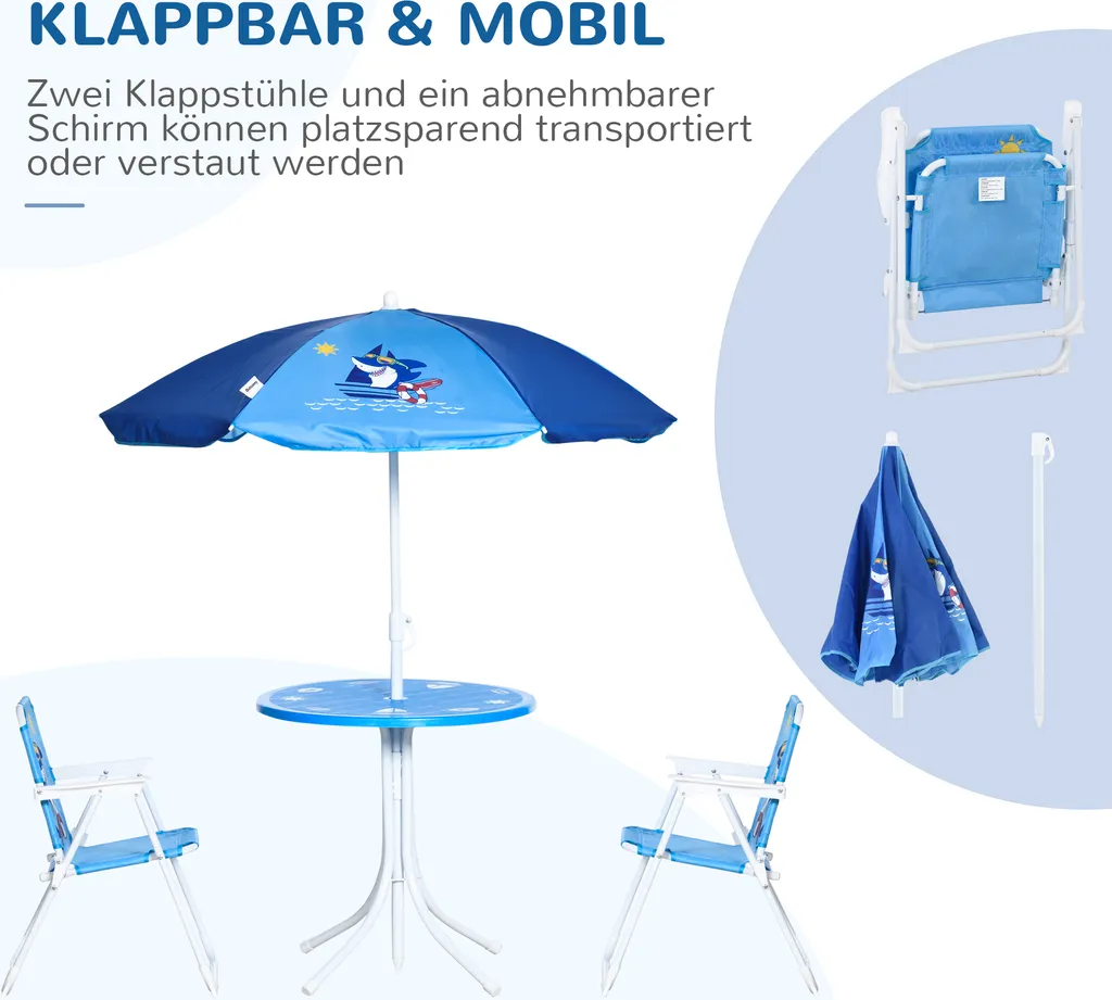Ensemble Table Chaises Enfant avec Parasol pour Protéger du Soleil Bleu - 4