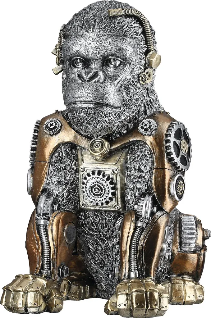 Figurine Gorille Steampunk GILDE en Résine Argentée Déco Loft 31 cm