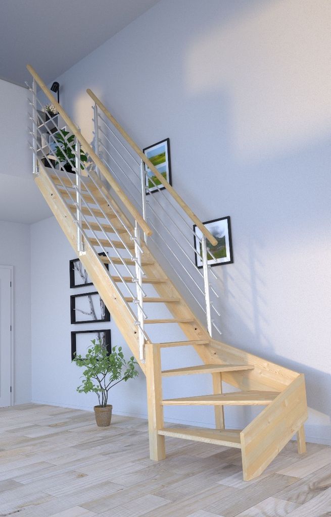 Holztreppe Korfu 1/4 gewendelter Ausführung links-Design Geländer Edelstahl-beidseitig-ohne Setzstufen