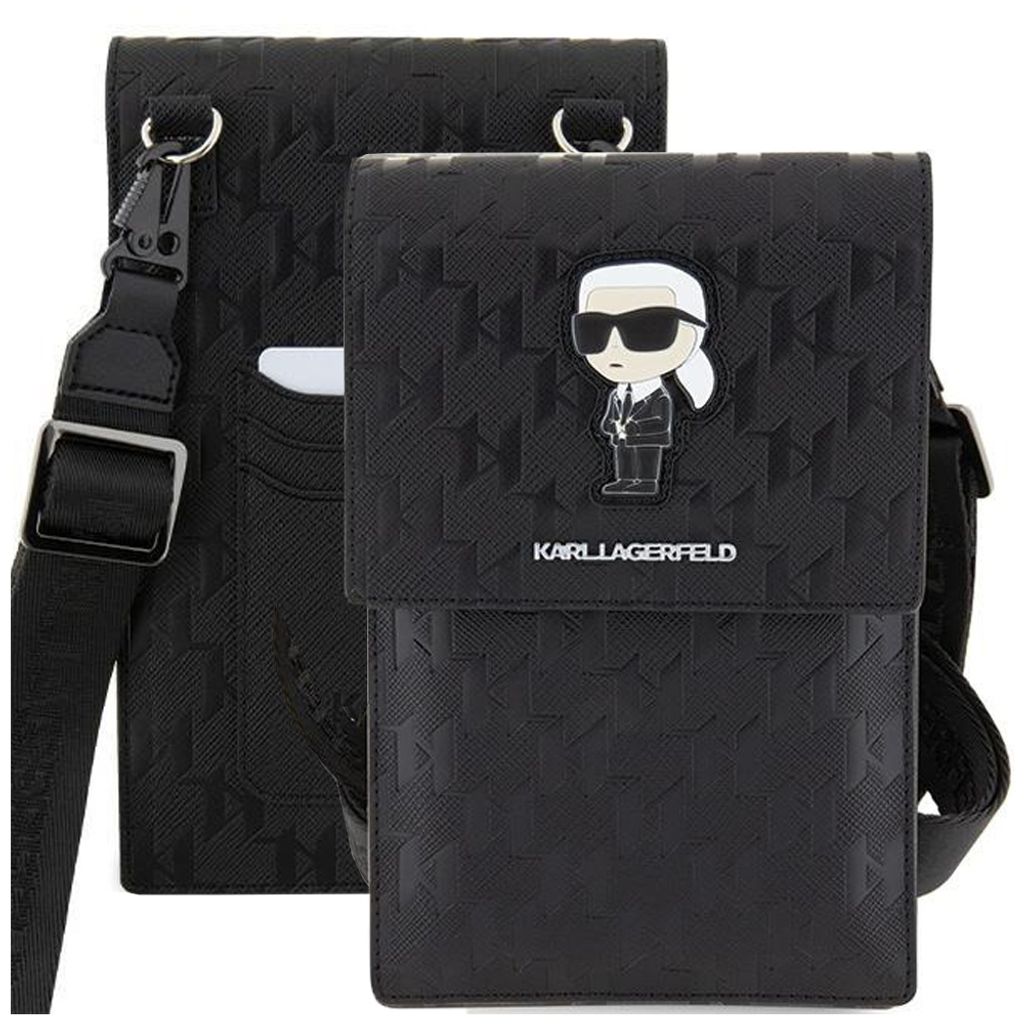 A black Karl Lagerfeld crossbody bag with a monogram pattern and a cartoonish Karl Lagerfeld figure on the front flap.