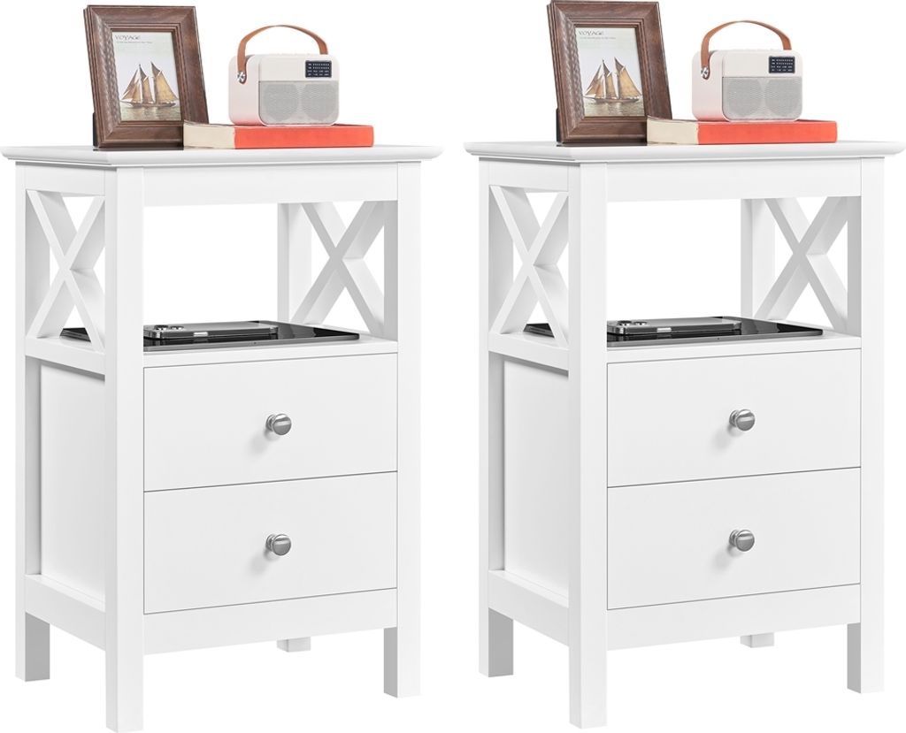 Two white wooden nightstands are shown side-by-side against a white background. Each nightstand has two drawers and an open shelf.