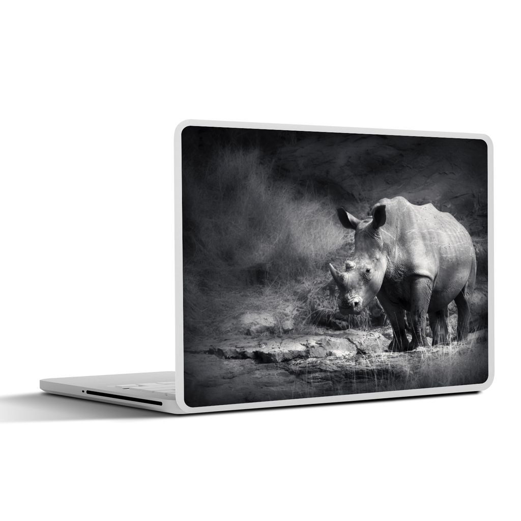 MuchoWow Laptop Aufkleber Sticker Cover Rhinozeros - Natur - Gras - Schwarz - Weiß 30x21 cm - Sticker für Laptop - Selbstklebend