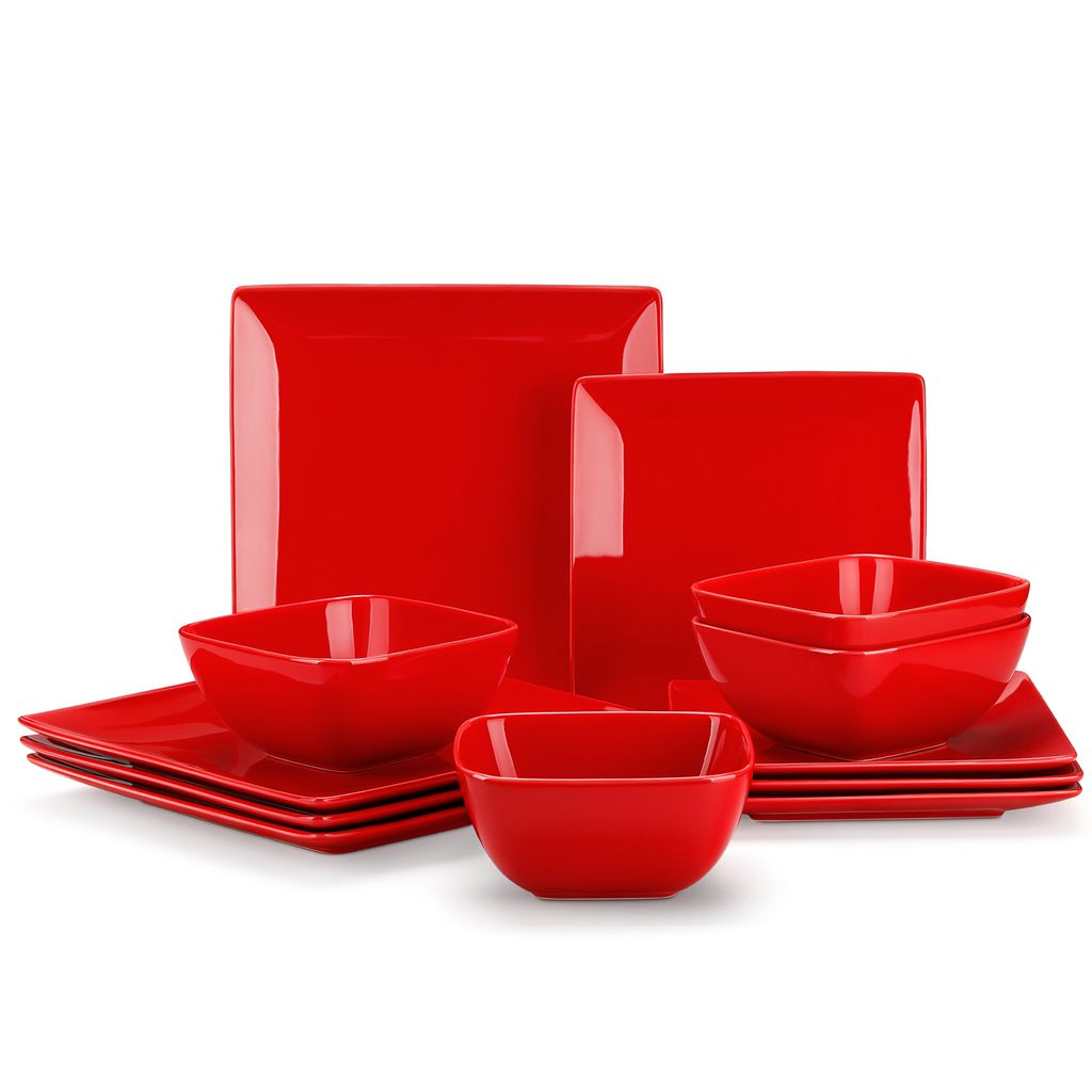 A set of red square plates and bowls arranged on a white background.