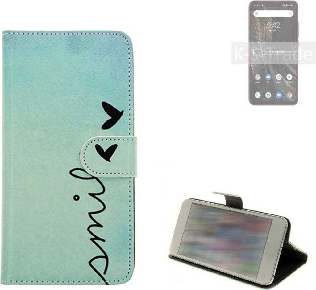 K-S-Trade Schutz Hülle Handy Hülle kompatibel mit UMIDIGI Power 3 Hülle Handyhülle cover bookstyle Etui Handyhülle ''smile'' türkis