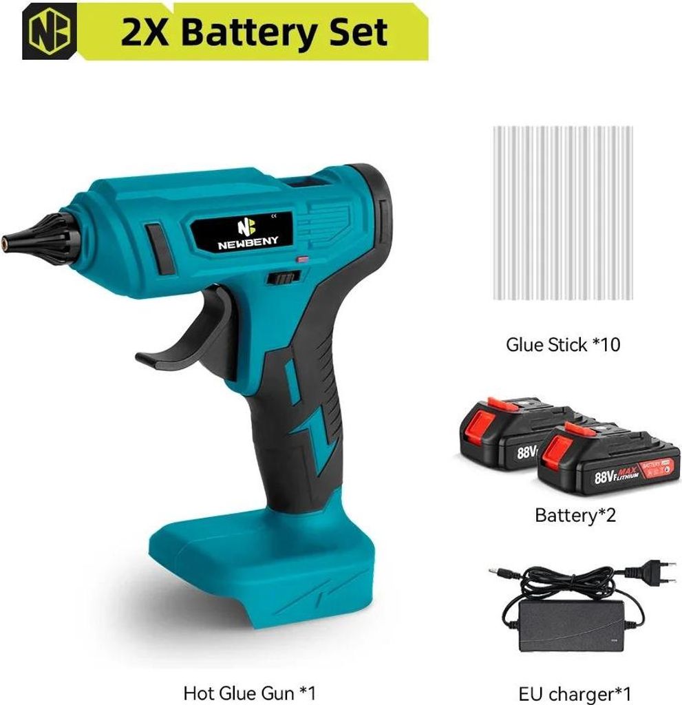 Elektrische Heißklebepistole - 18 V Akku Kabellos - 2 Akkus Inklusive - 100 W - Bis 280 °C - Für 11 mm Klebesticks - Kupferdüse - Blau