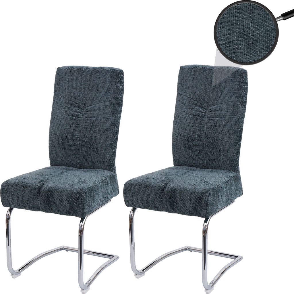 2er-Set Esszimmerstuhl HWC-G56, Küchenstuhl Freischwinger Stuhl Lehnstuhl, Metall Stoff/Textil Chenille blau-grün