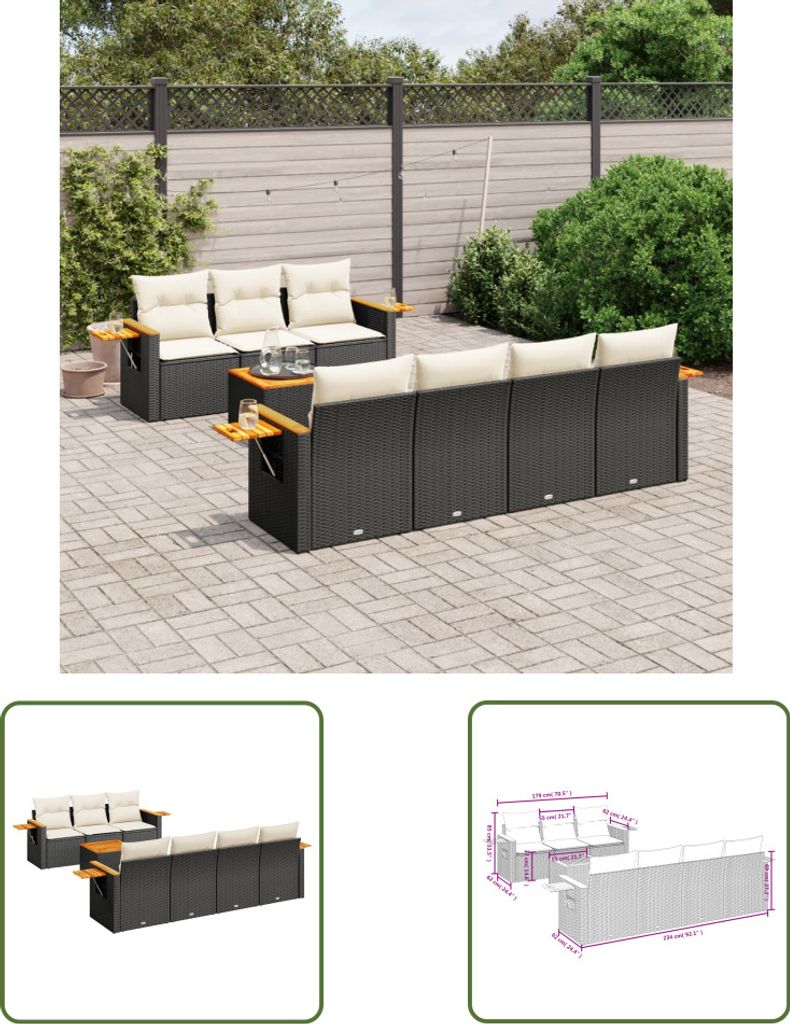The Living Store 8-tlg. Garten-Sofagarnitur mit Kissen Schwarz Poly Rattan