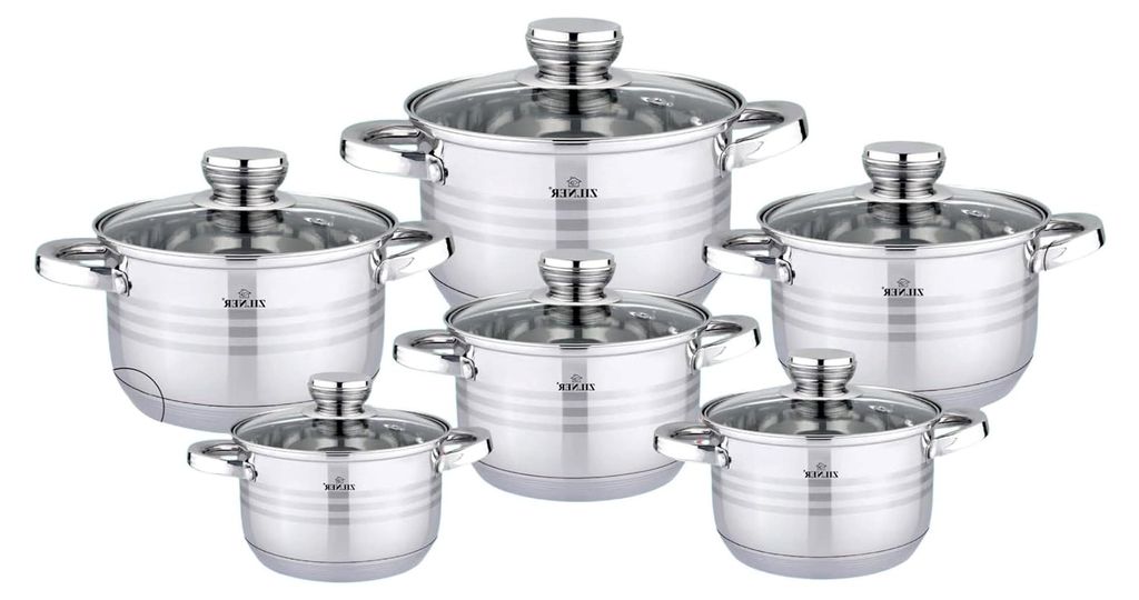 Kochtopfset 12-teilig - Edelstahl - mit Glasdeckeln - für alle Herdarten - Silber