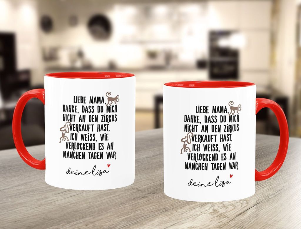 Kaffee-Tasse Geschenk für Mama Tochter Sohn Spruch lustig personalisiert mit Name Kinder Moonworks weiss-innen-rot Keramik-Tasse