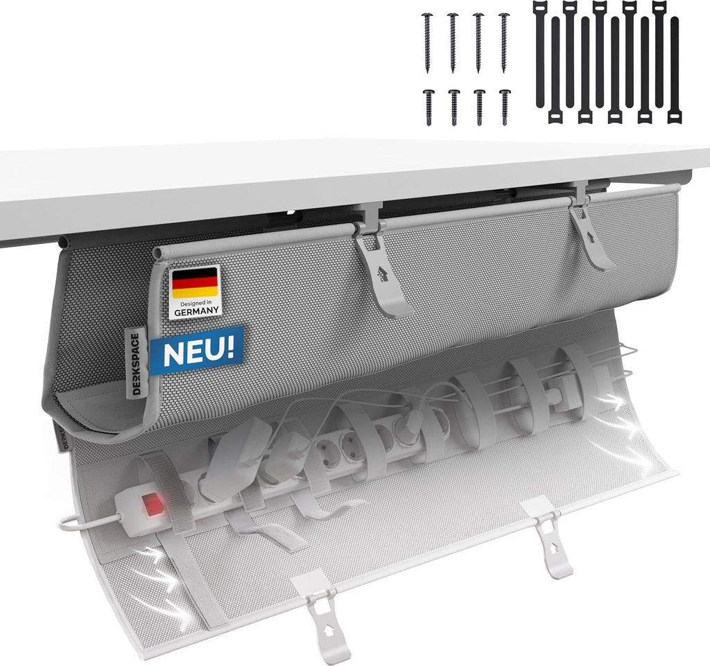 DESKSPACE Kabelwanne Schreibtisch Kabelmanagement - Beidseitig Klappbarer Kabelkanal - Cable Organizer für den Schreibtisch - 94 cm (Grau)