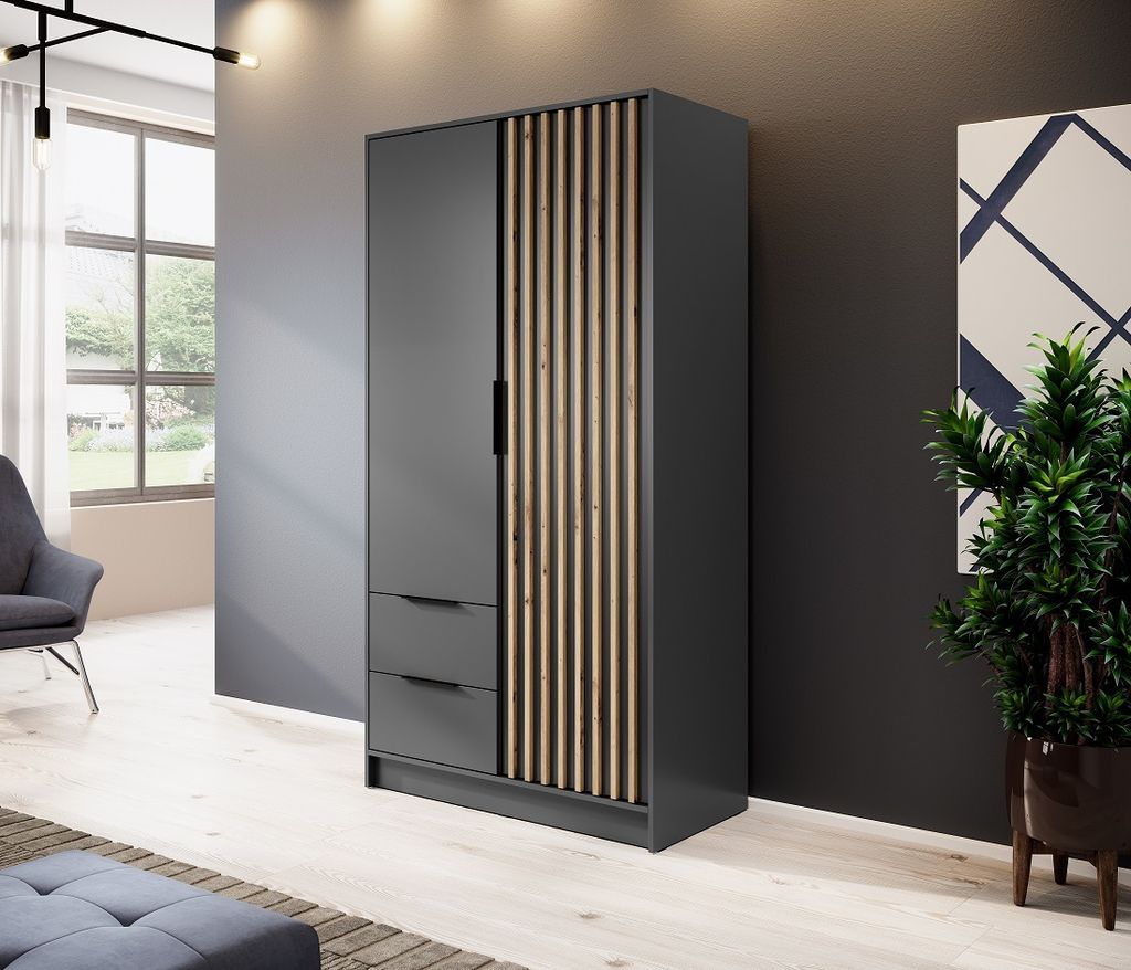 Kleiderschrank NELLY 2D - mit Lamellen, Schrank (GRAPHIT/ARTISAN LAMELLE, OHNE SPIEGEL)